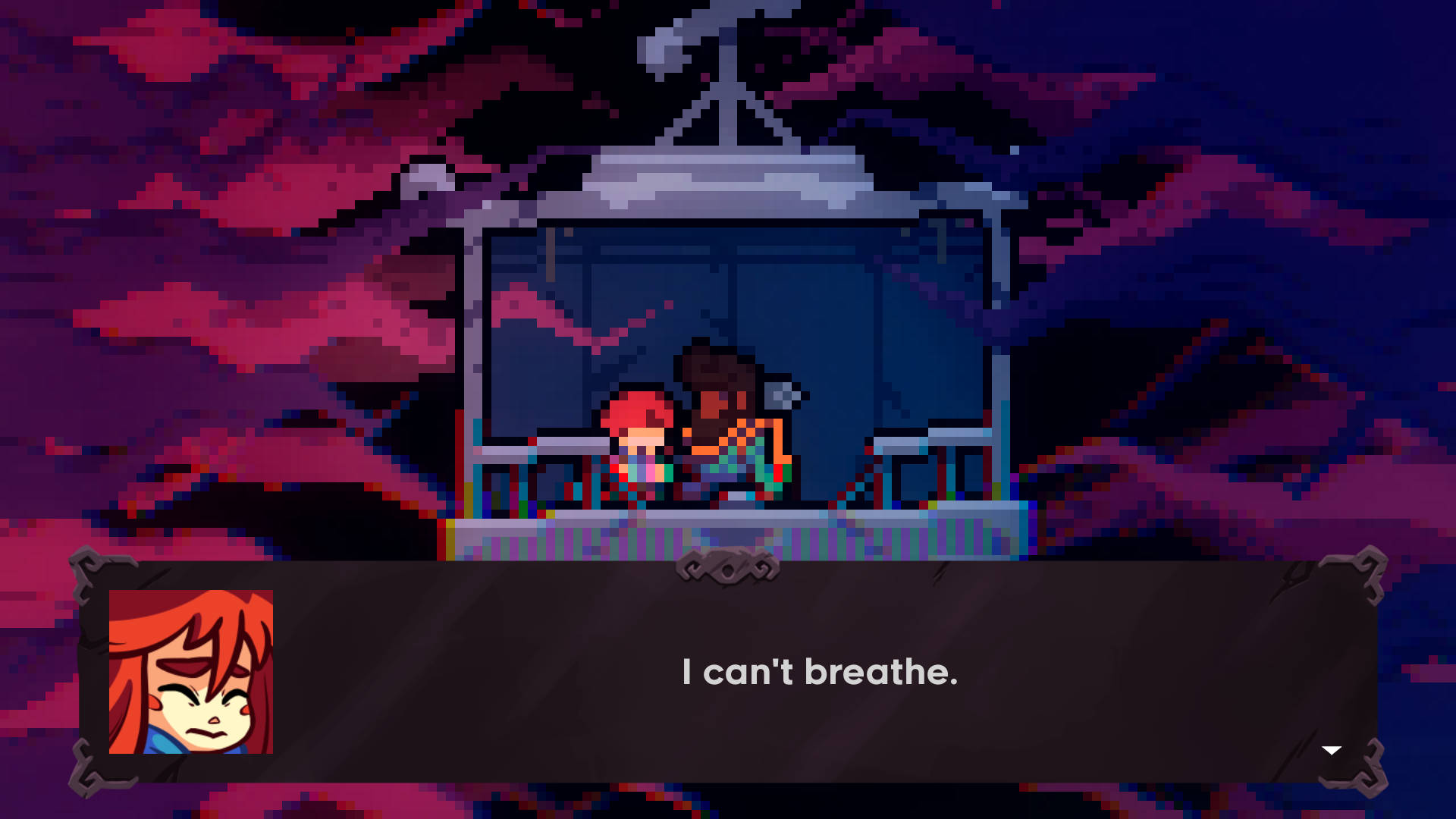 氛圍冒險 —《Celeste》像素遊戲藝術 壁紙 — 兩個像素藝術角色坐在纜車裡，背景是旋轉的紫色和粉紅色天空，對話框顯示「我無法呼吸。」