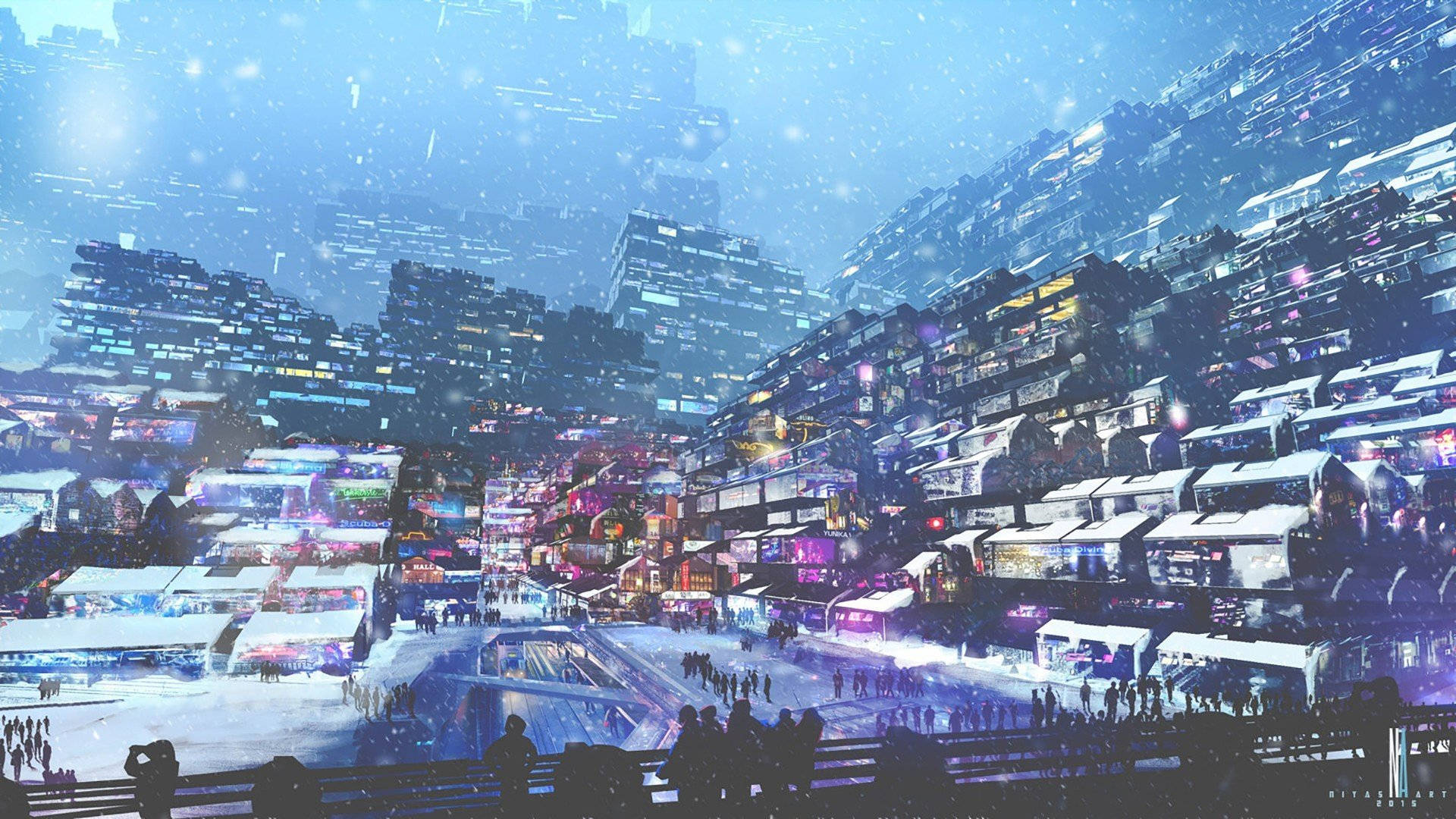 氛圍感賽博龐克公寓群 壁紙 — 被雪覆蓋的未來城市景觀，發光的霓虹燈在冰面上反射，下方是剪影人群。