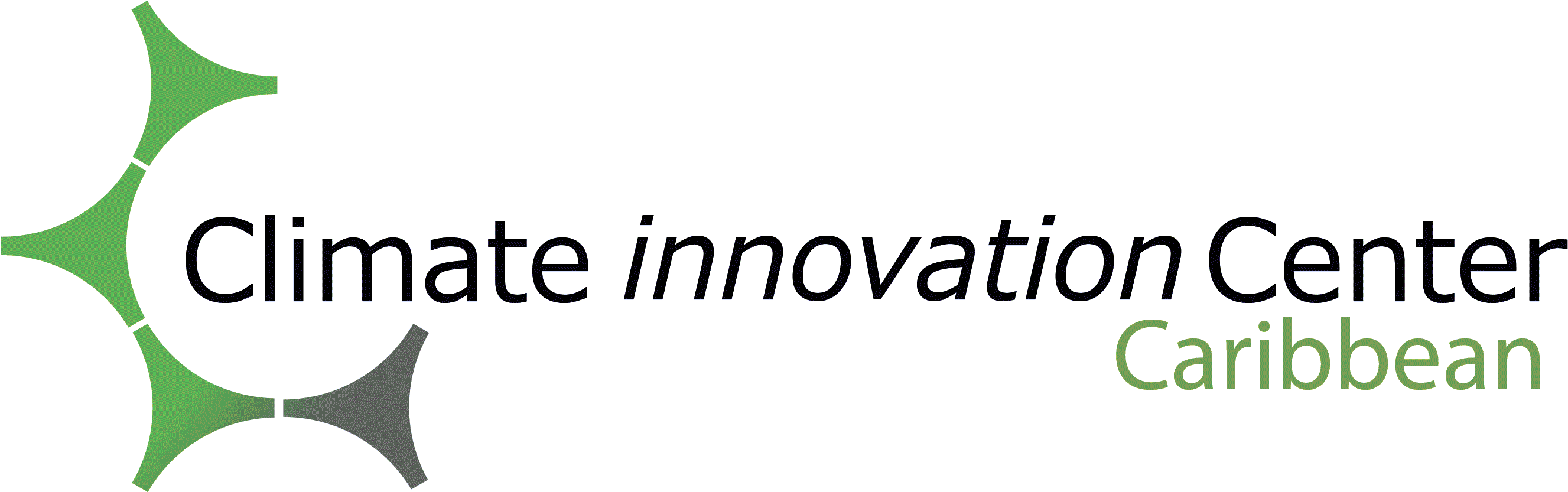 氣候創新中心加勒比海標誌 壁紙 — Climate Innovation Center Caribbean 標誌，採用綠色和灰色抽象太陽爆發設計，背景為黑色。