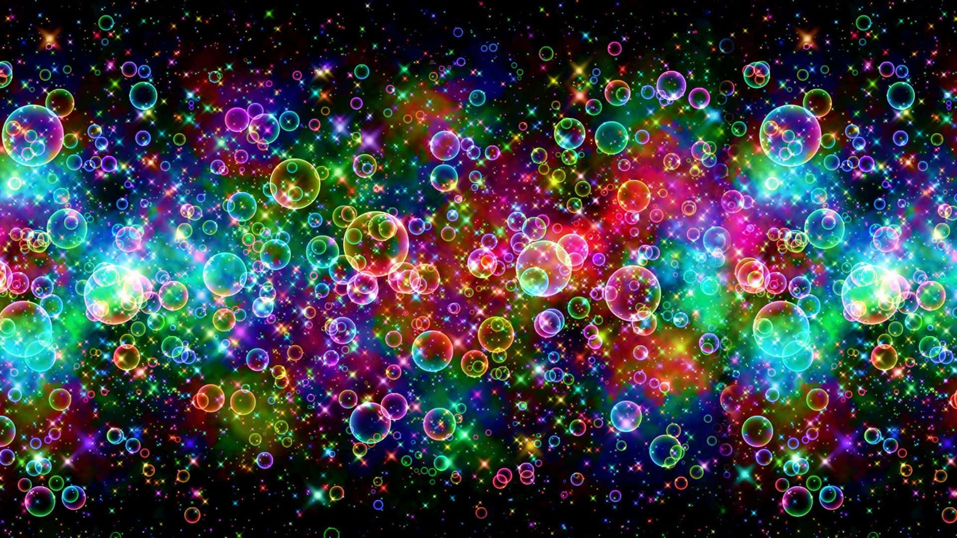 在黑暗的宇宙背景下，漂浮的彩色氣泡帶有星爆效果。