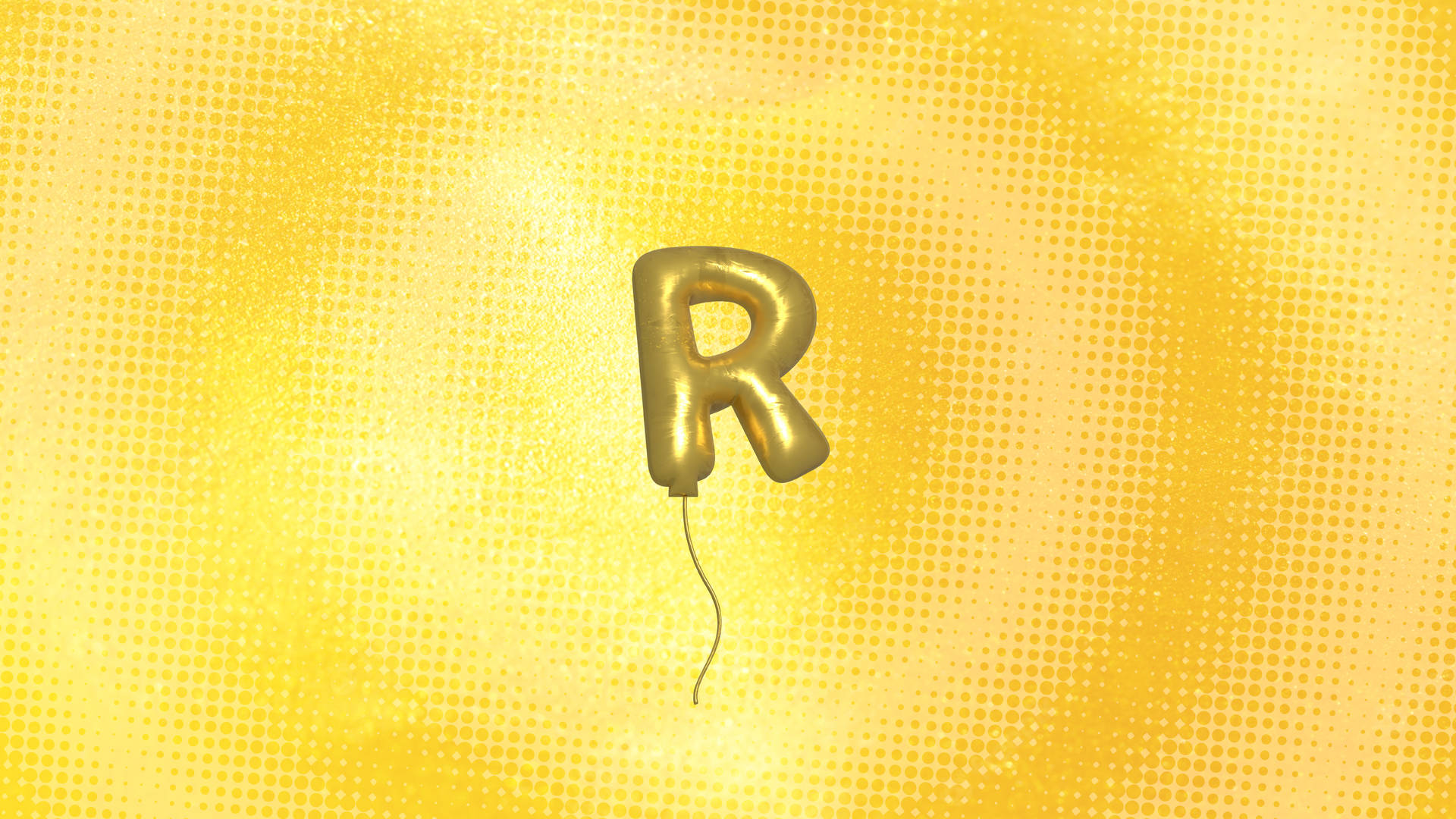 閃亮的金色字母R形狀氣球，背景為黃色半色調。