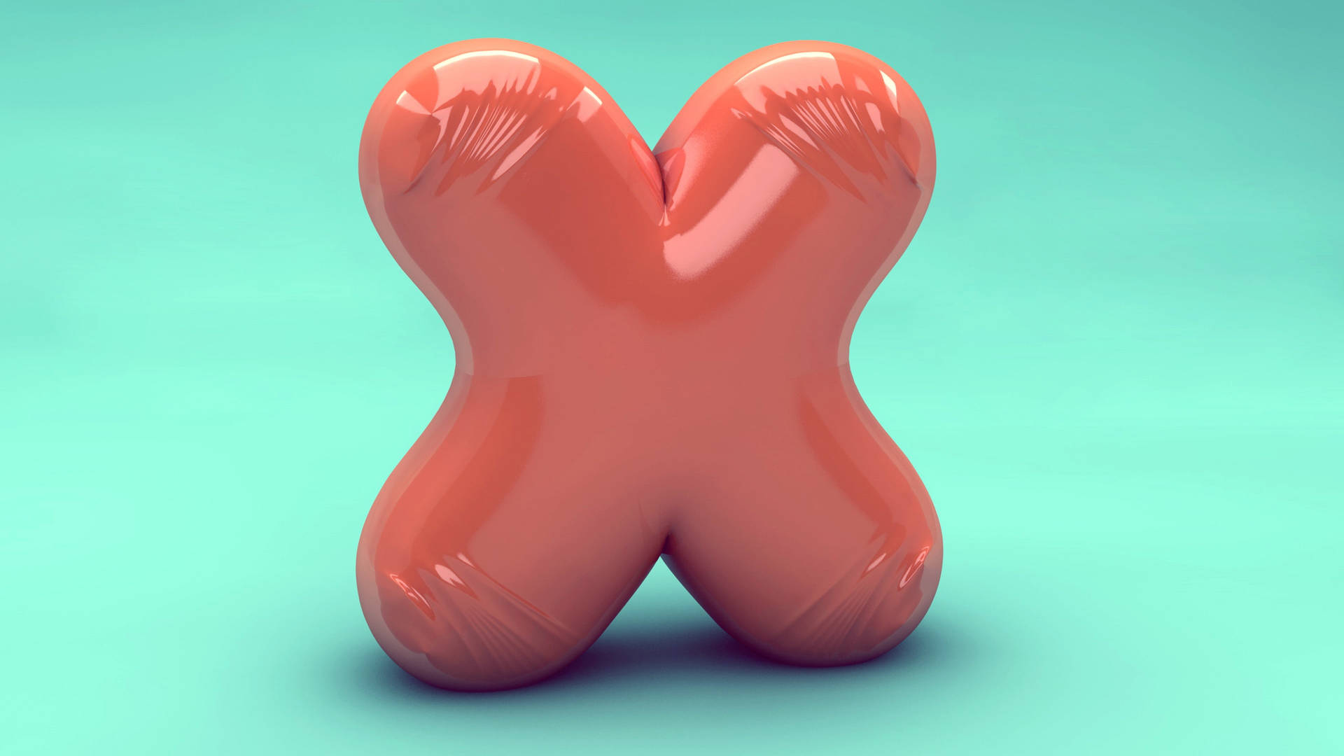 一個在藍綠色背景上的亮面珊瑚粉紅色3D字母x。