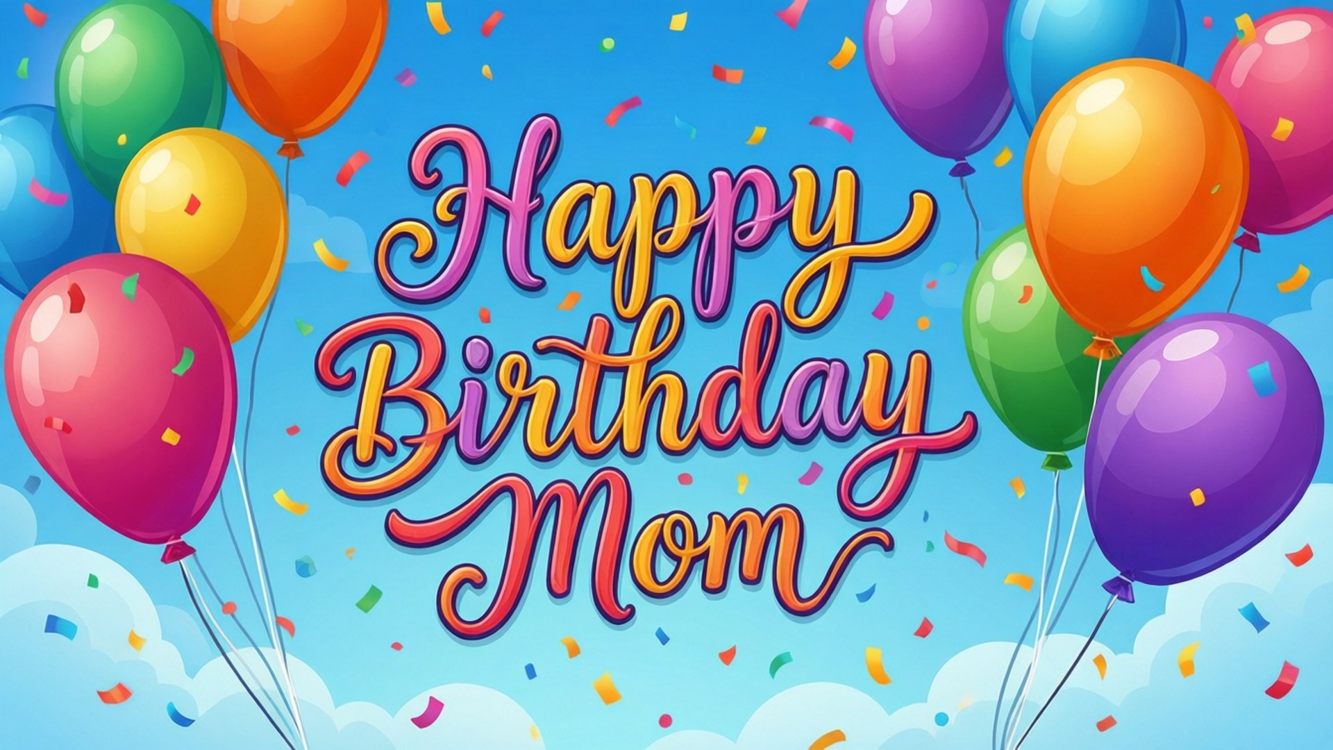 Happy Birthday Mom 訊息被氣球和五彩紙屑環繞，背景是藍天
