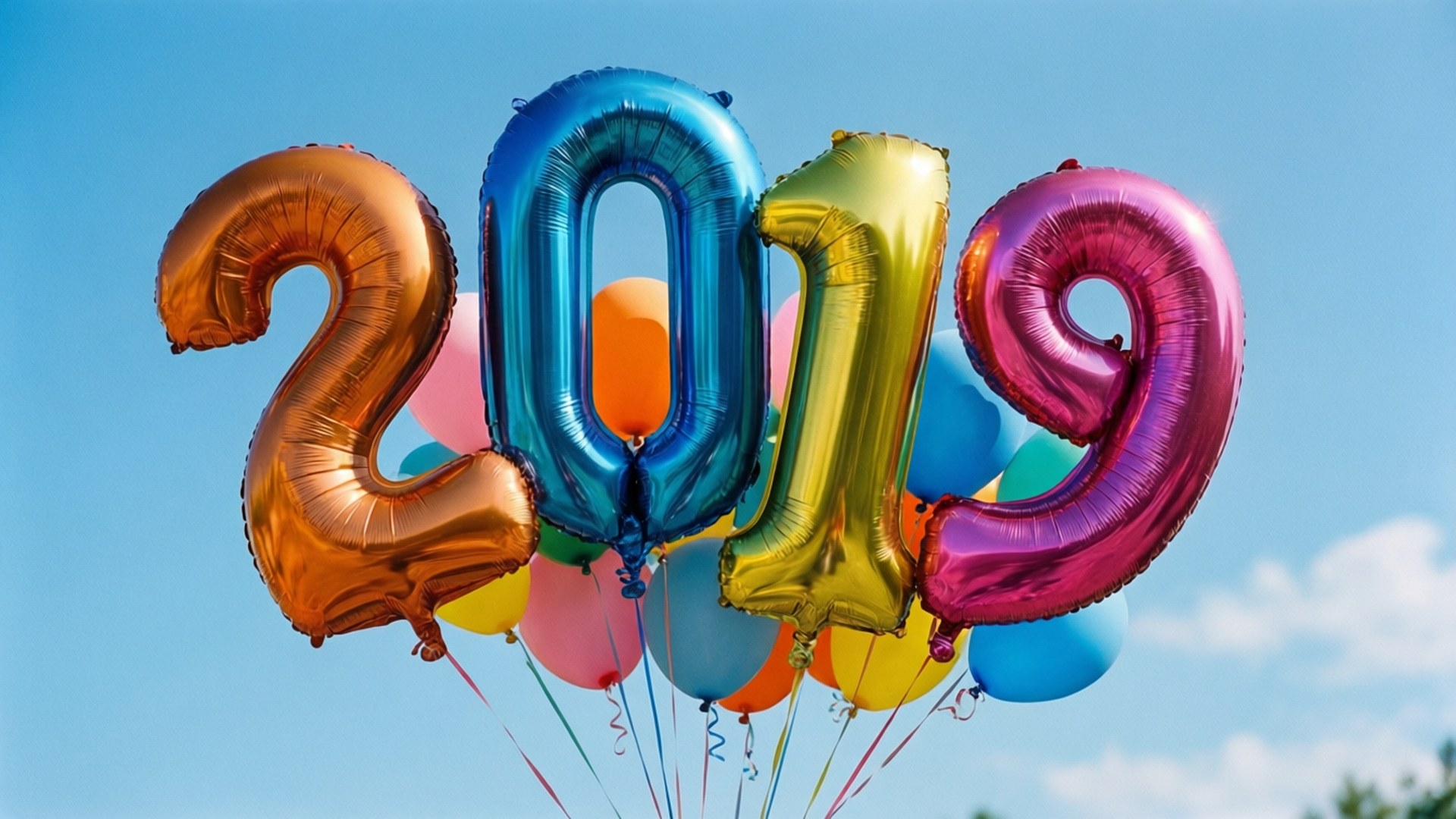 色彩繽紛的金屬氣球拼出2019，漂浮在藍天上。