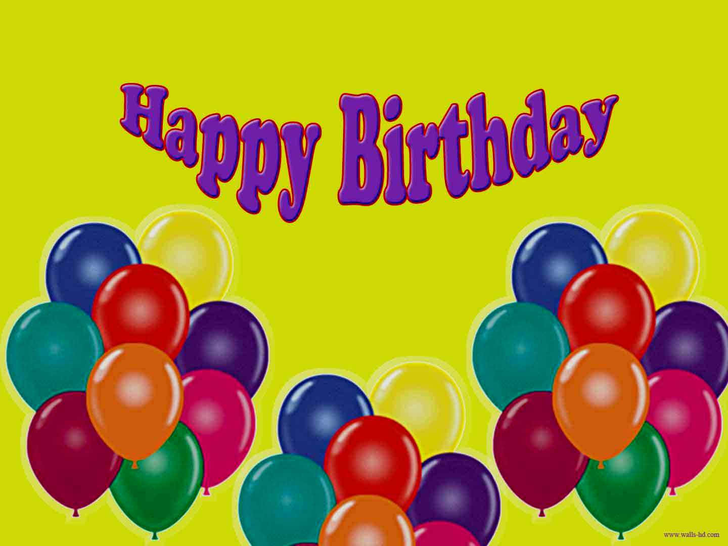 氣球生日快樂橫幅圖片 壁紙 — 鮮豔的紫色「Happy Birthday」文字漂浮在色彩繽紛的氣球簇上方，背景為明亮的黃色。