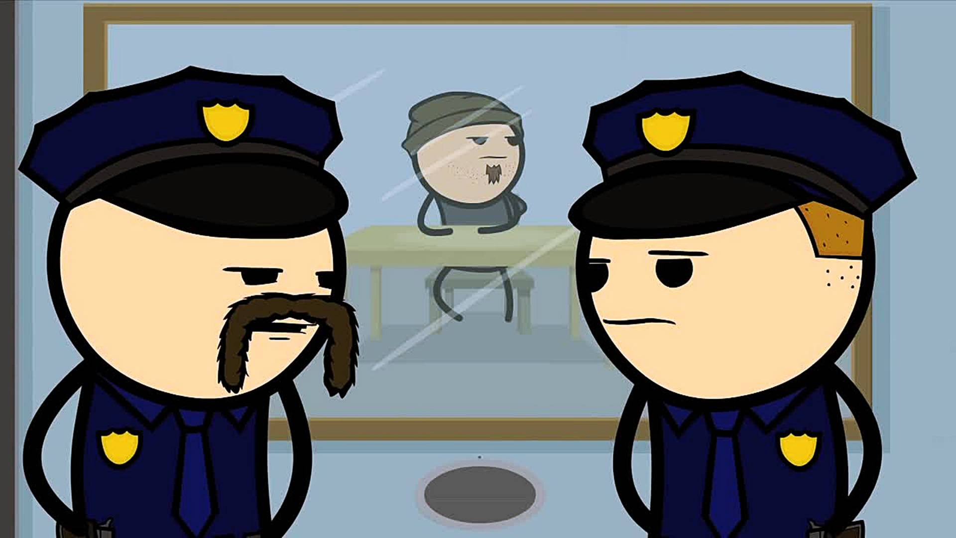 兩名卡通警察在玻璃後審問疑犯。