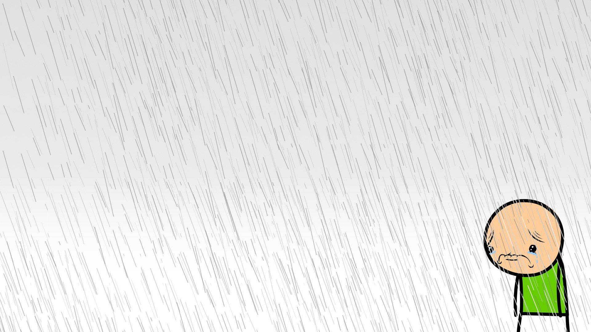 一個穿著綠色襯衫的悲傷卡通男孩站在大雨中。