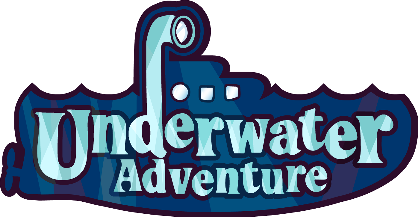 水下冒險標誌 壁紙 — 一個風格化的「Underwater Adventure」標誌，以潛艇和波浪形藍色字體為特色，背景為黑色。