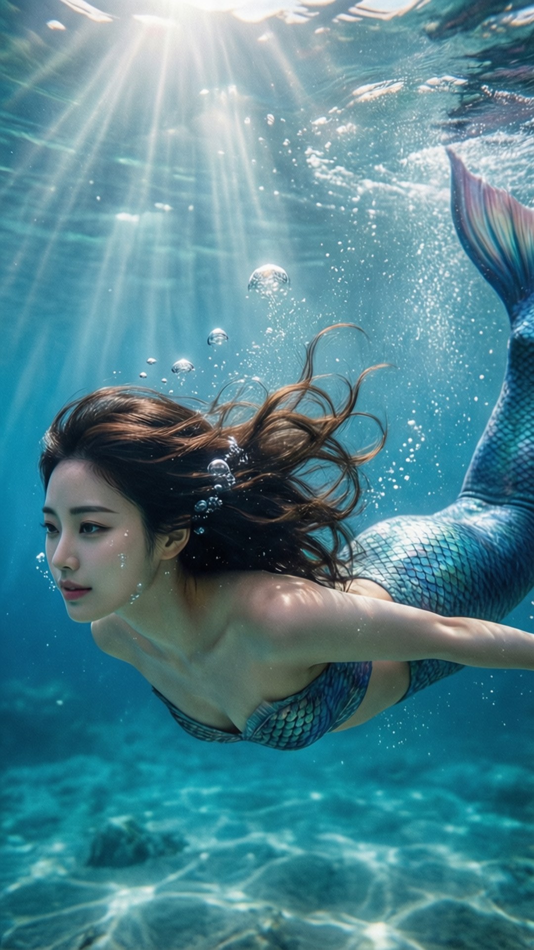 一條棕色頭髮和藍色尾巴的美人魚，在陽光和氣泡中優雅地在水下游泳。