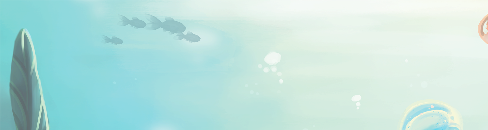 水下寧靜場景 壁紙 — 剪影魚兒在陽光照射的碧綠水中游動，附近有漂浮的氣泡和一條條紋貝殼。