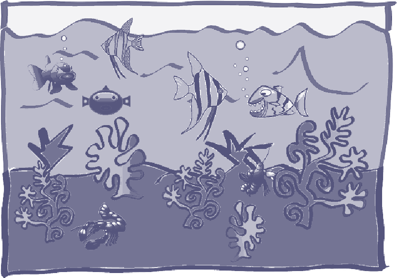 水下海洋生物場景 壁紙 — 一個風格化的水下場景，有卡通魚和珊瑚，採用單色藍色調。