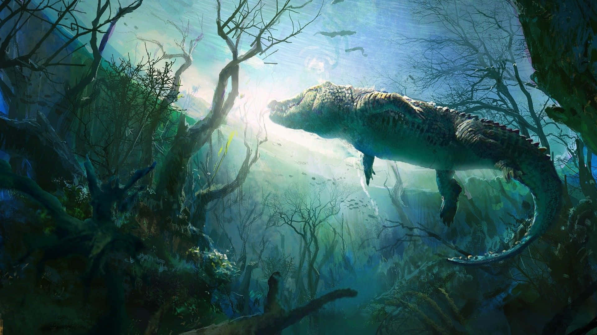 水下涼爽鱷魚圖 壁紙 — 一條巨大的鱷魚在陽光照耀、渾濁的水中滑行，下方是扭曲無葉的樹木，在陰森的沼澤中。