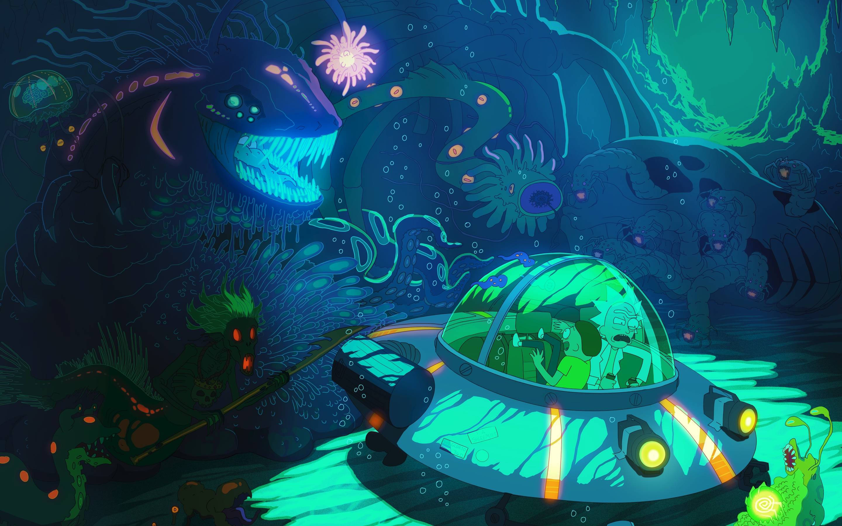 水下瑞克與莫蒂 4K 壁紙 — 一艘發光的潛艇在充滿生物發光生物和外星植物的超現實水下洞穴中航行。