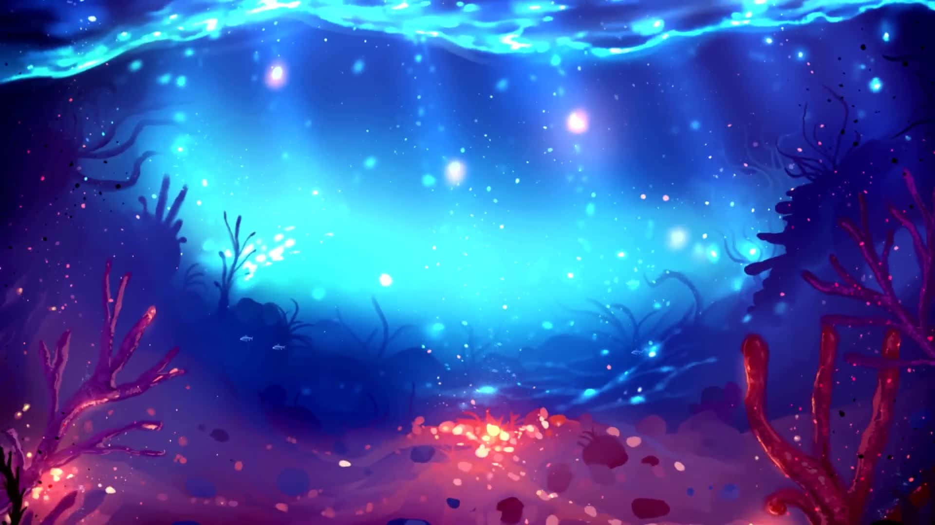 水下生活的寧靜之美 壁紙 — 充滿活力的海底場景，發光的藍色光線穿過水面，照射在珊瑚和下方的發光粒子上。