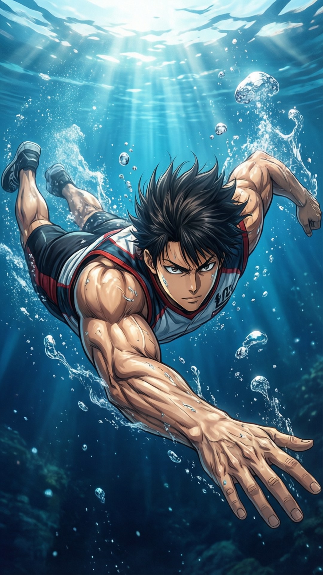 水下疾速 壁紙 — 一位肌肉發達的動漫游泳運動員在陽光穿透藍色海洋深處時強力潛入水中。