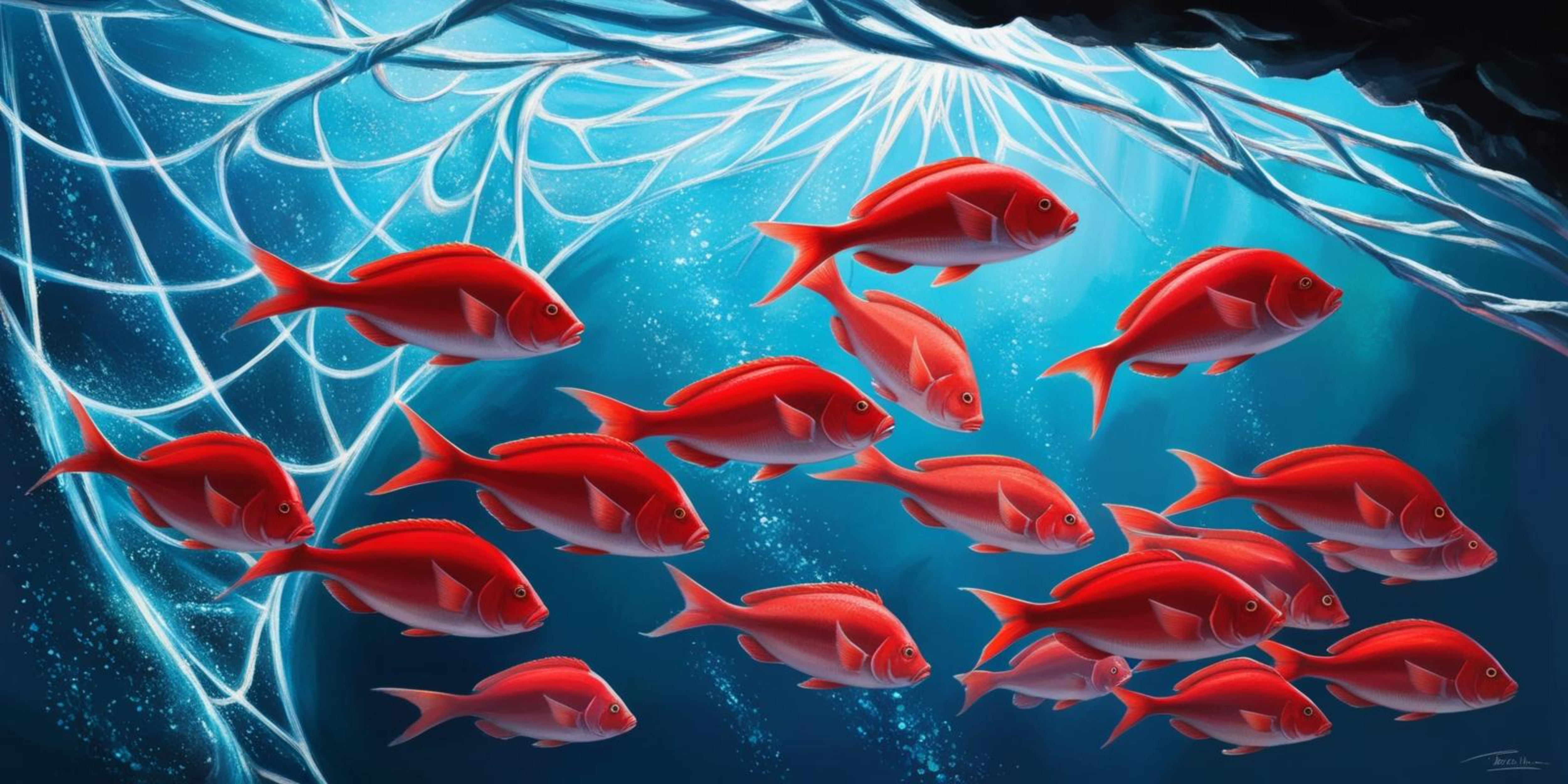 水下紅色魚群 壁紙 — 一群鮮紅色的魚在發光的白色珊瑚枝下，優雅地游過深藍色的海水。