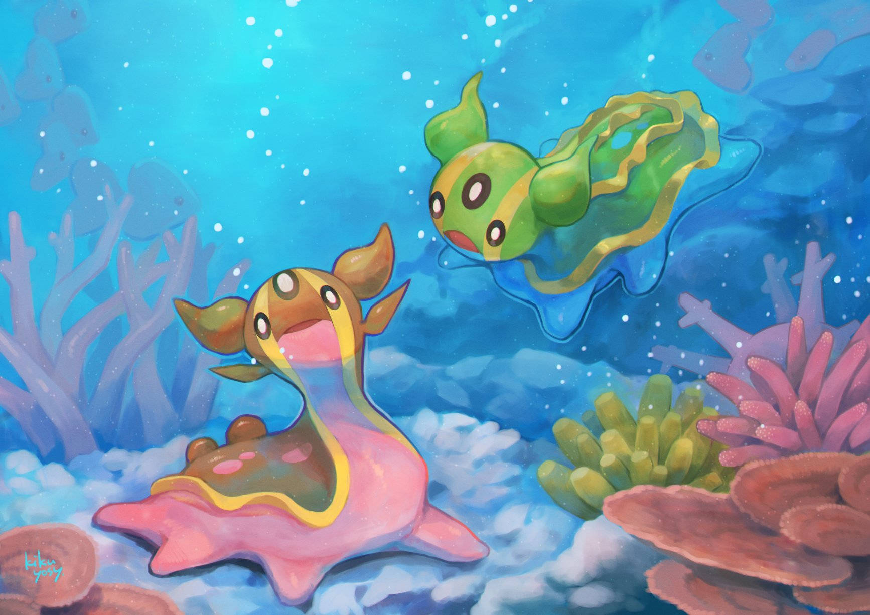 兩隻卡通海洋生物在水中的珊瑚和氣泡間暢游。