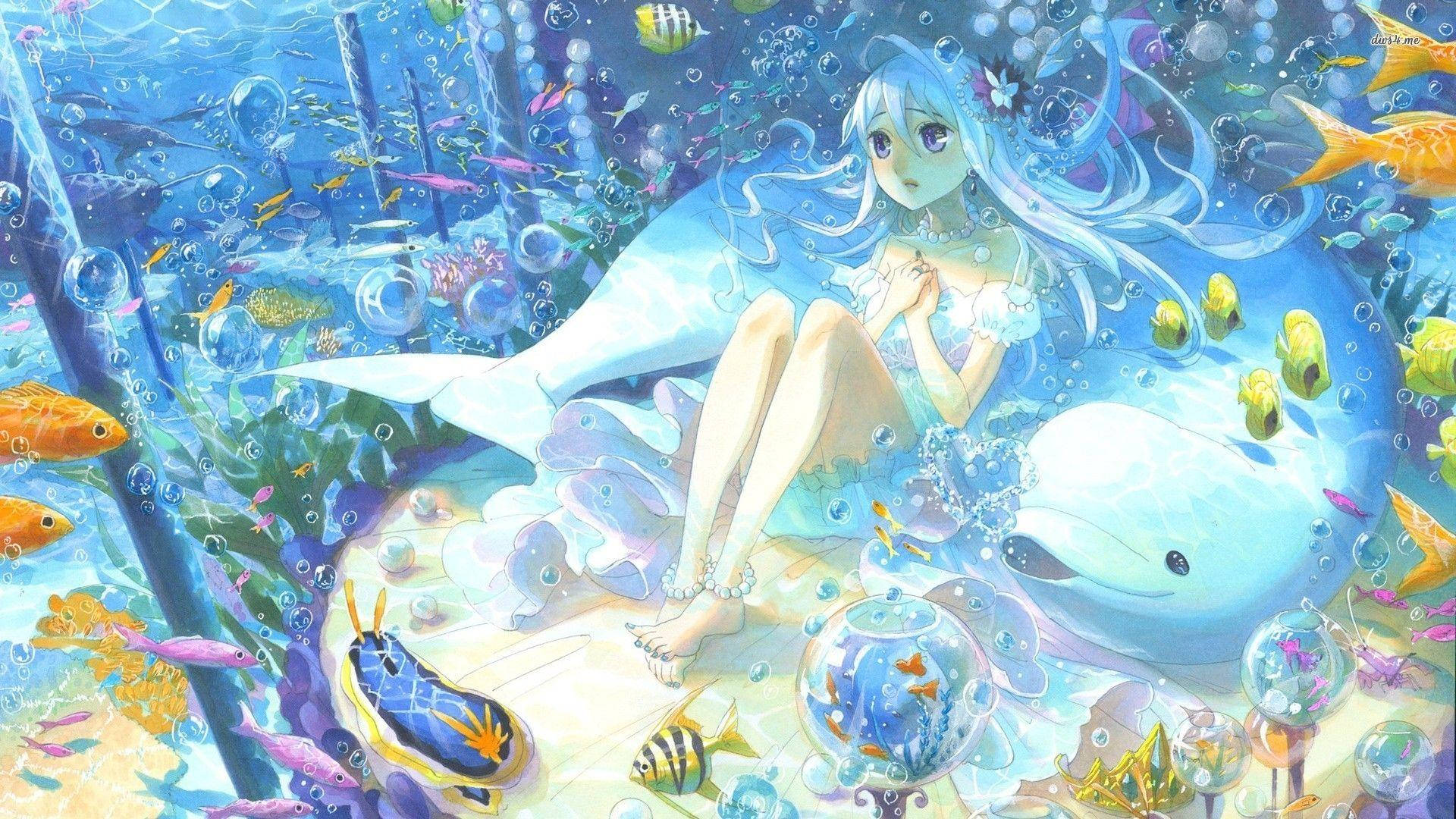 水下誘惑動漫角色 壁紙 — 一位寧靜的動漫女孩，擁有飄逸的藍色頭髮，坐在海豚旁邊，身處充滿色彩繽紛的魚類和氣泡的 vibrant 水下場景中。