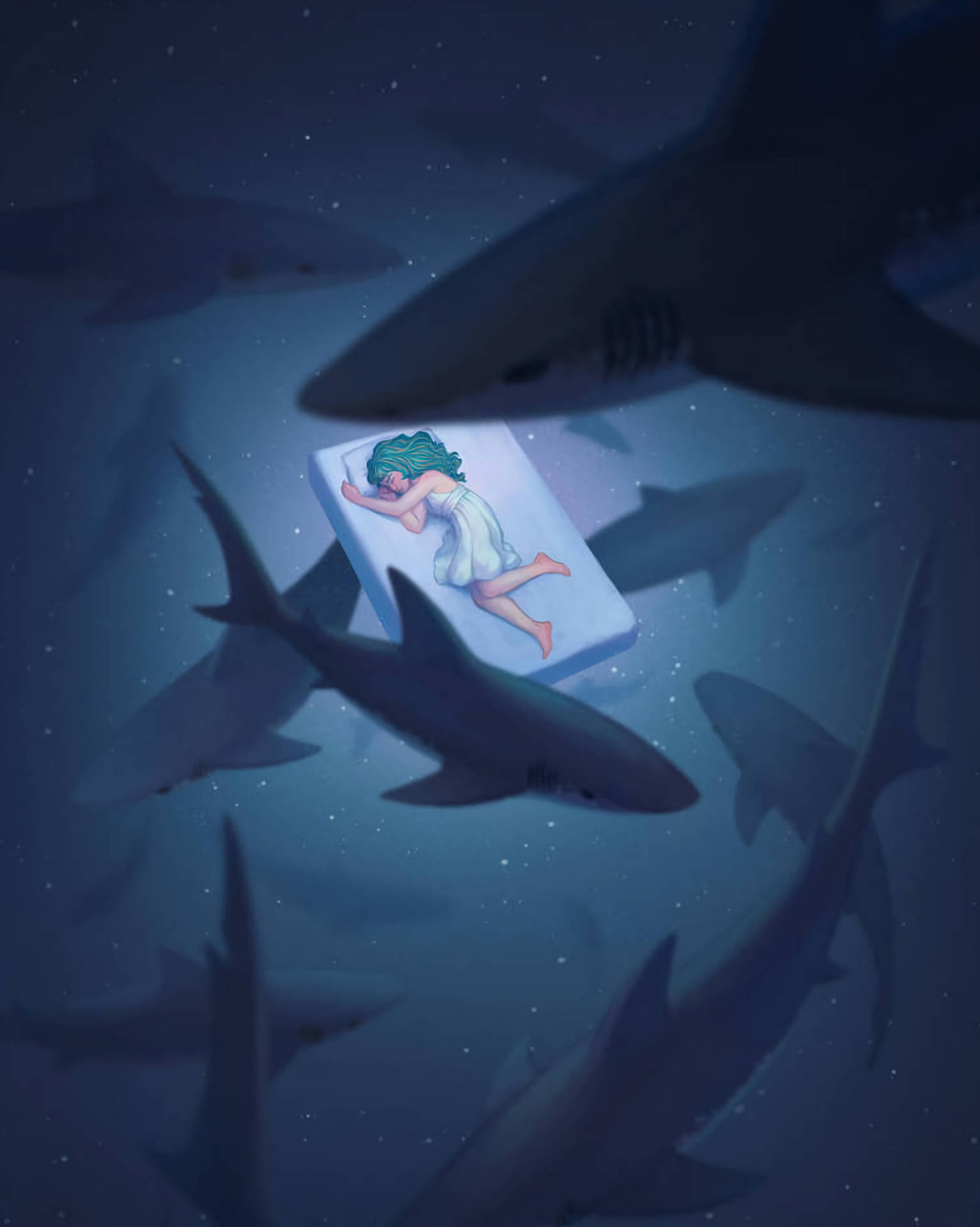 一個女孩在星空的海洋中，被鯊魚包圍，睡在漂浮的床墊上。