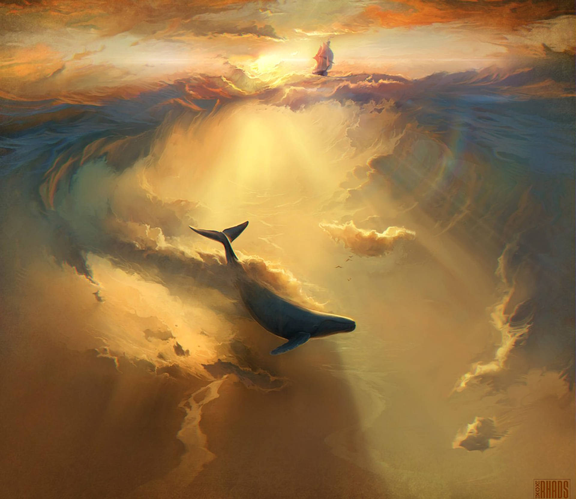 一條鯨魚在金色雲層中游動，一艘船在日落時分的地平線上航行。