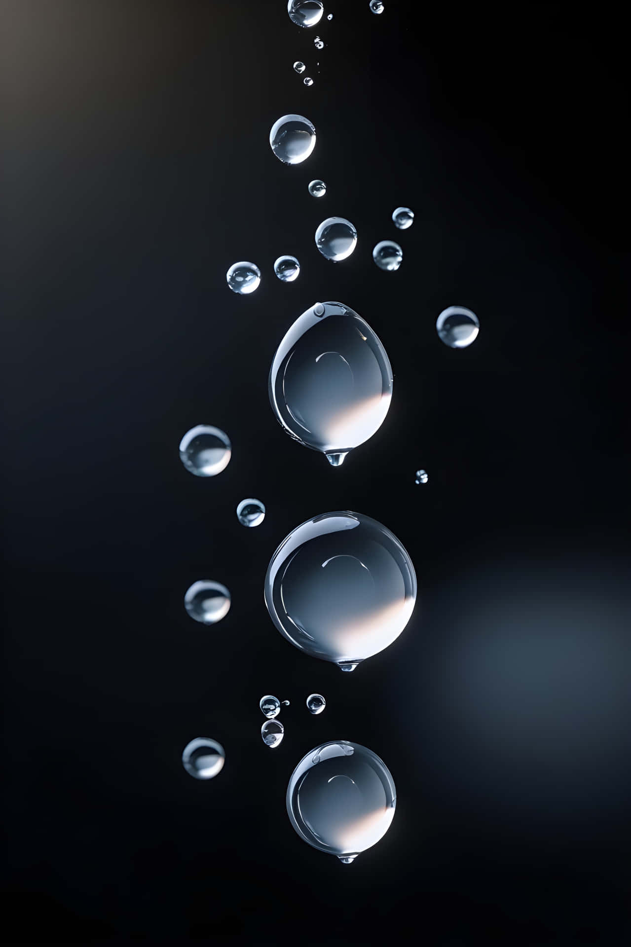 水不沾壁紙 壁紙 — 閃爍的水滴在深邃的黑色空間中上升，以完美的球形清晰度反射柔和光線。