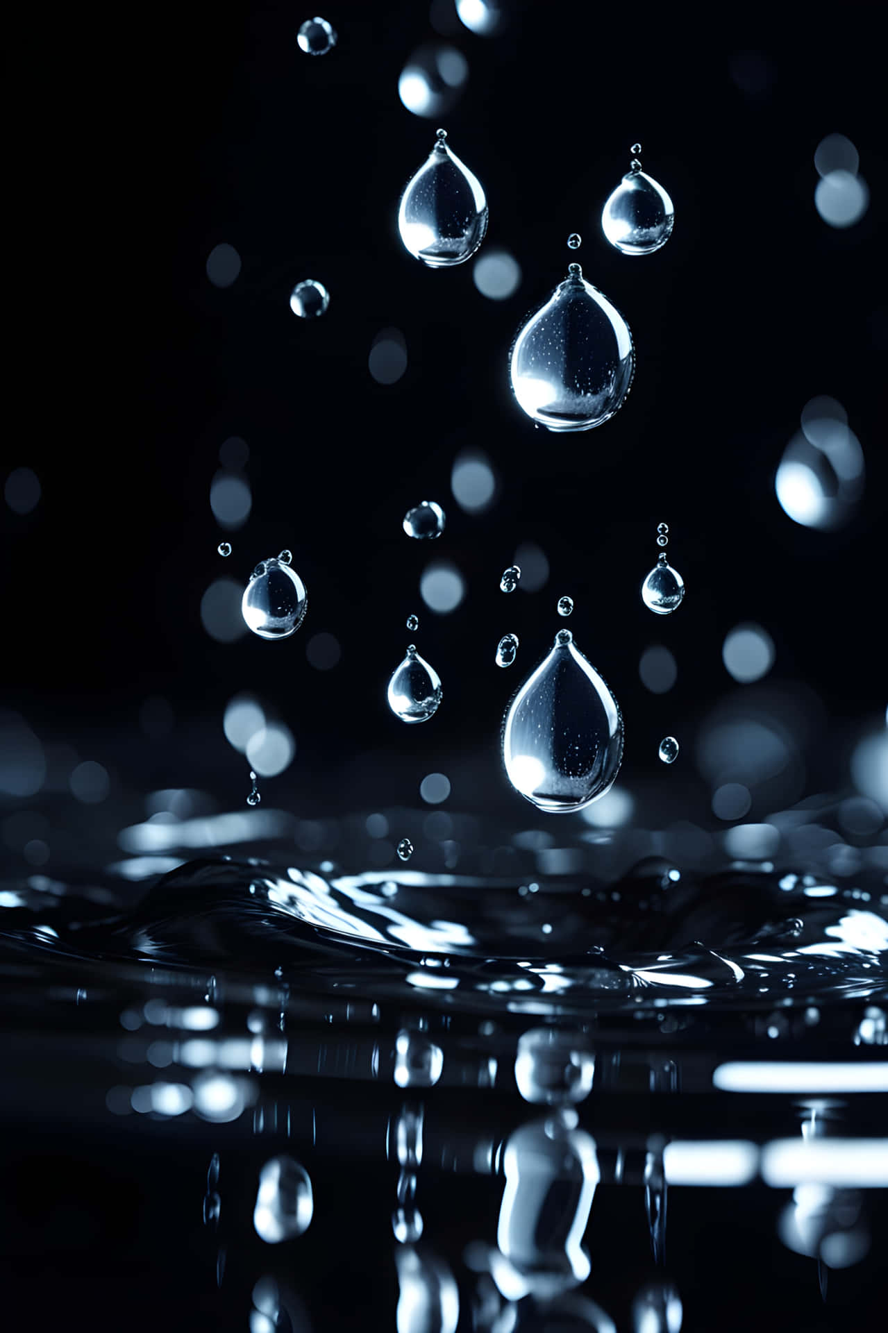 水不沾壁紙 壁紙 — 在黑色背景上，閃爍的水滴懸浮在漣漪的黑暗表面上方。