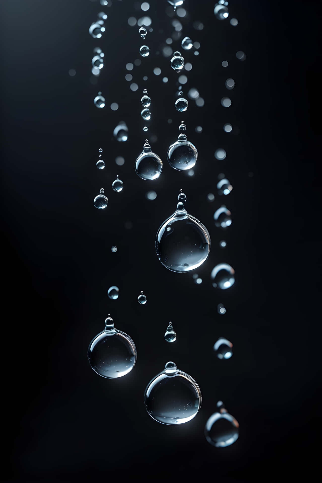 水不沾壁紙 壁紙 — 閃爍的水滴在深黑色背景上傾瀉而下，營造出迷人的抽象動態效果。