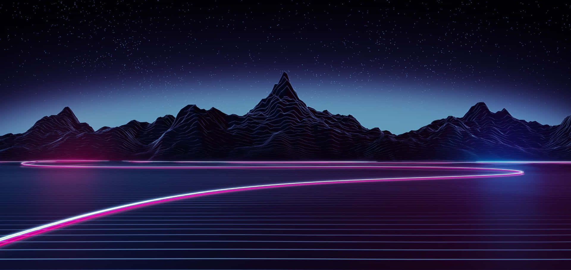 發光的霓虹線條在星空下的數位網格中彎曲，背景是鋸齒狀的山脈。