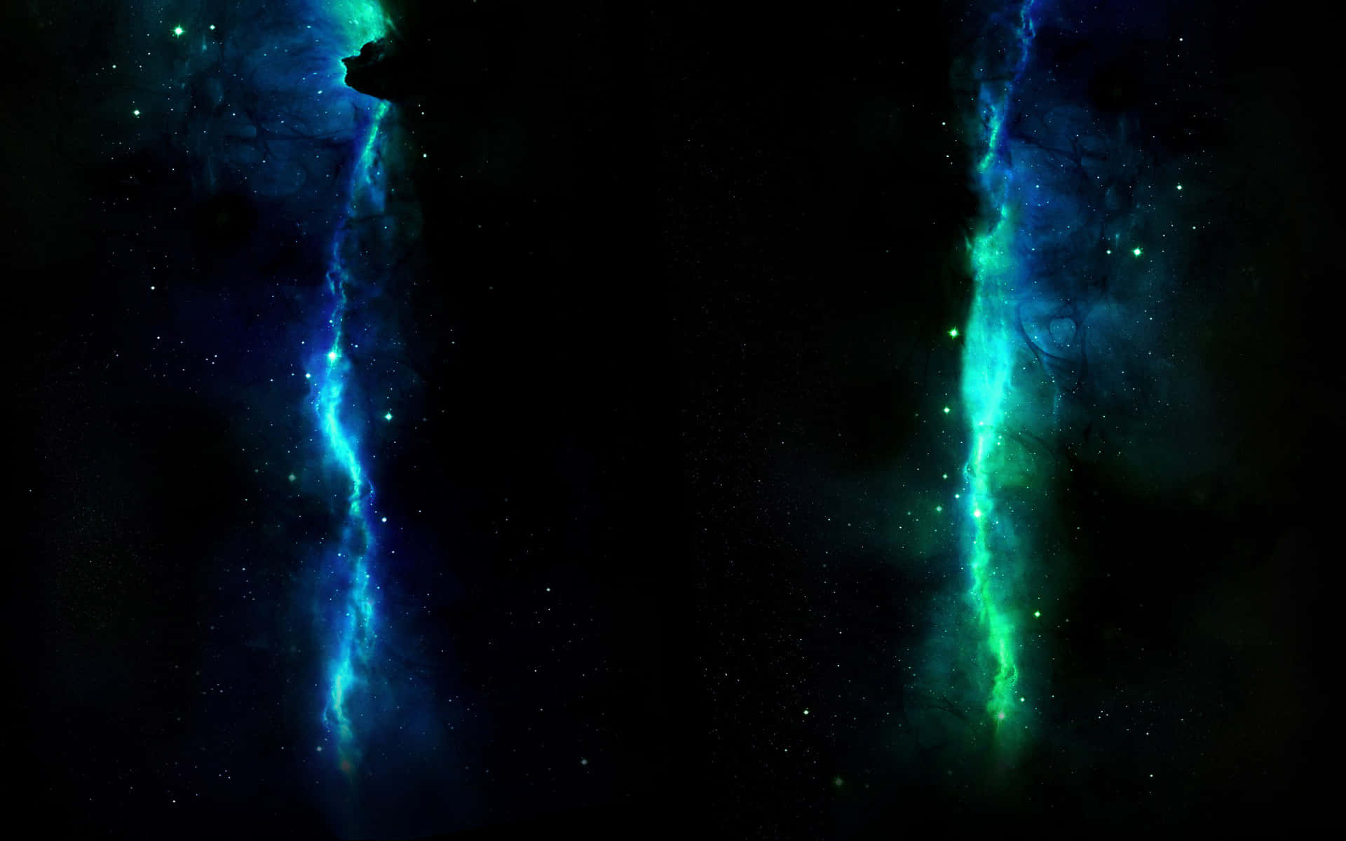 深空中兩根被星星環繞的發光宇宙柱。