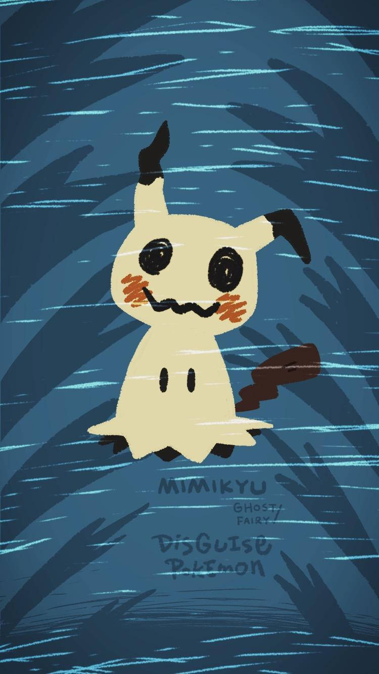 Mimikyu 幽靈寶可夢在藍色水背景中，表情俏皮。