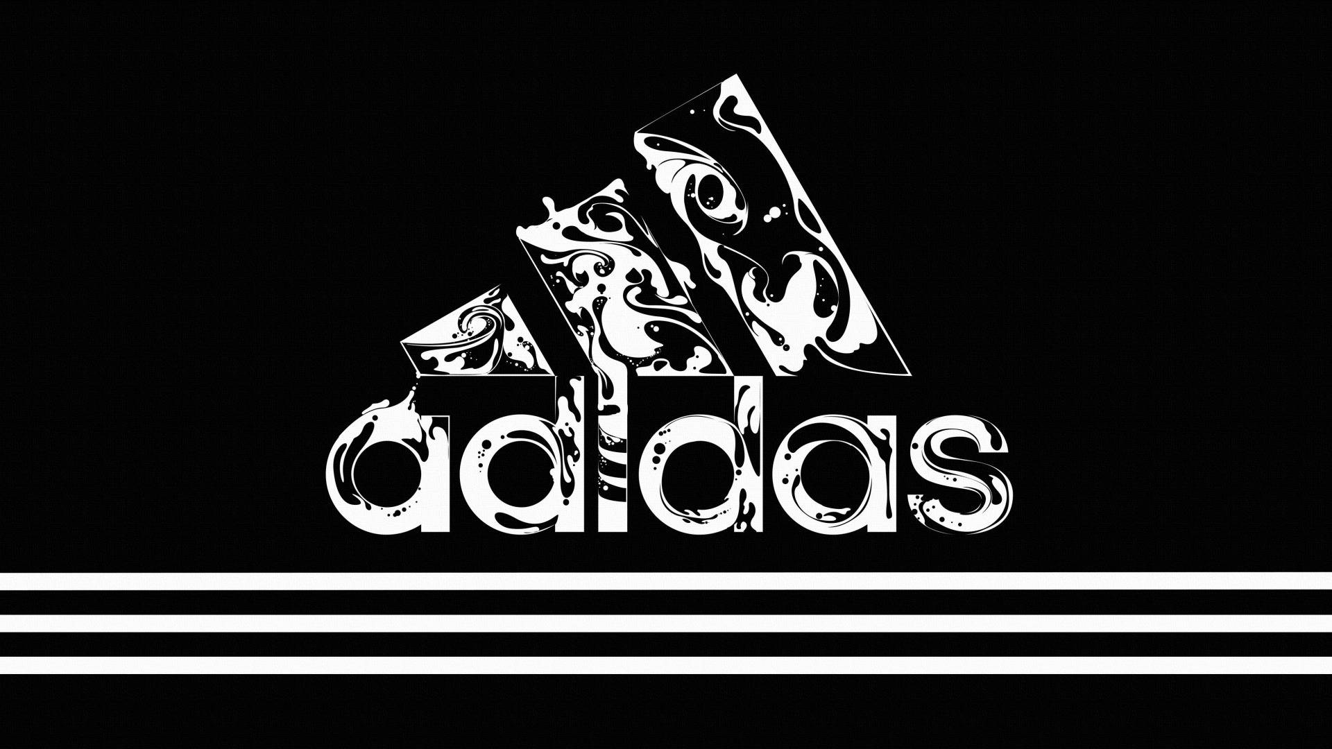 Adidas標誌，帶有裝飾性漩渦，黑色背景，三條條紋。