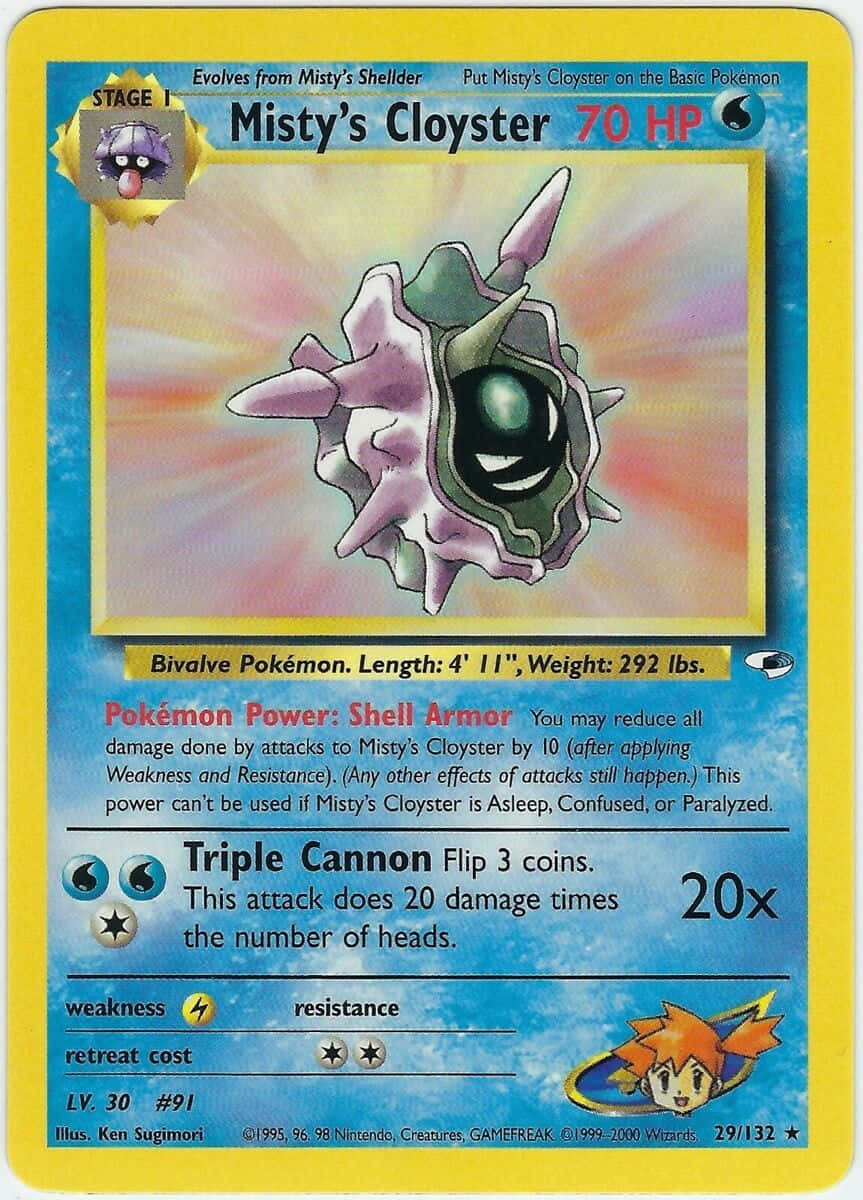水之少女 Misty 的 Cloyster 卡牌 壁紙 — 一隻卡通風格的紫色和綠色貝殼寶可夢，帶有尖銳的刺和單隻眼睛，在復古寶可夢卡上閃耀著光芒，背景是燦爛的太陽光輝。