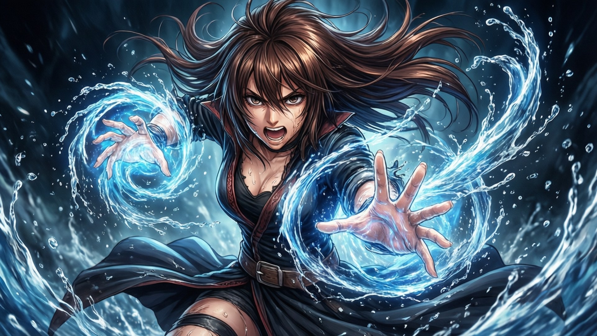 動漫女孩揮舞著藍色水魔法，雙手周圍有旋轉的急流。