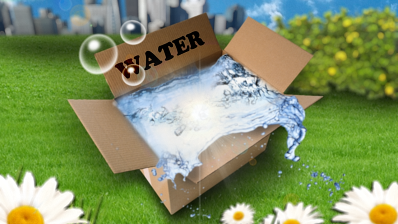 水之盒 壁紙 — 一個標有水的紙箱在草地上爆開，背景有雛菊和城市天際線。