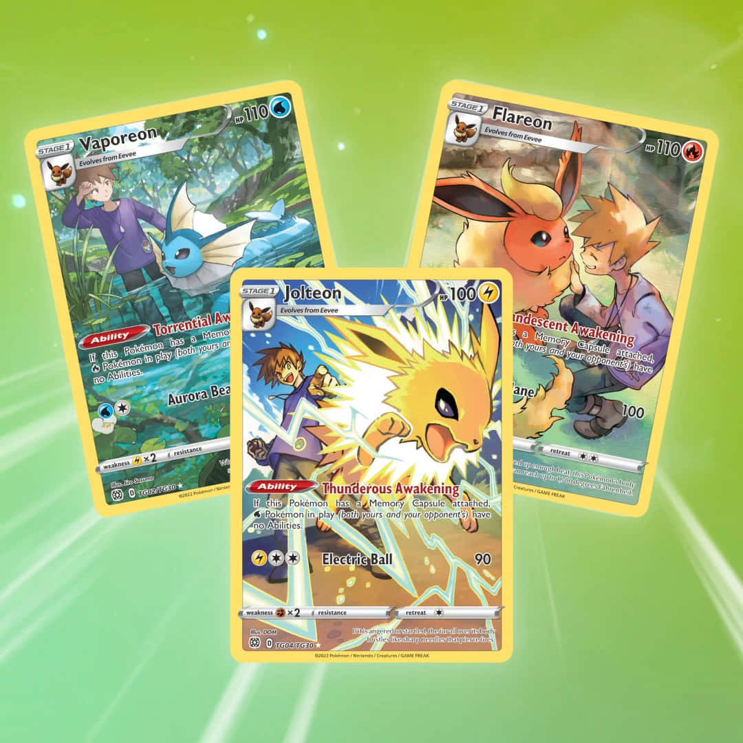 三張寶可夢集換式卡牌， featuring Vaporeon、Flareon 和 Jolteon 及其訓練家。