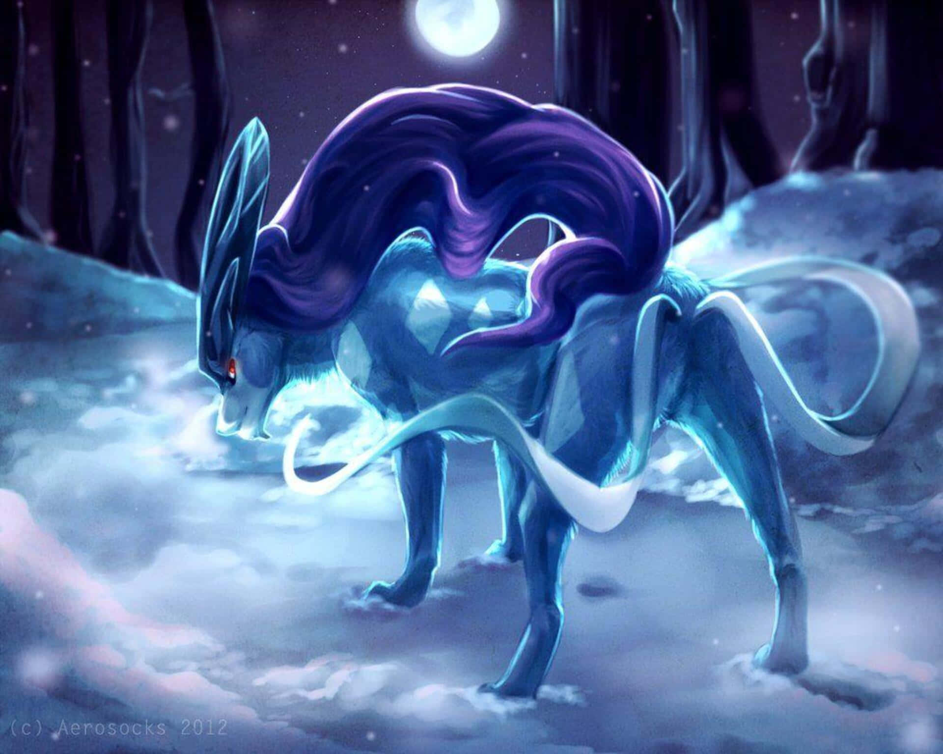 水伊布踏雪 壁紙 — 一隻發光的藍紫色神話生物，鬃毛飄逸，站在滿月下的雪地森林中。