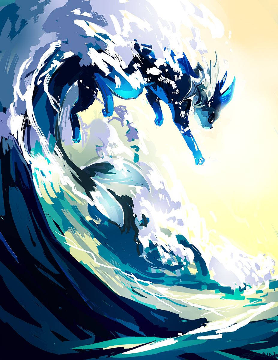 水伊布馳騁海浪 壁紙 — 一隻風格化的藍色狐狸在溫暖的黃色天空下動態地躍過破碎的海浪。
