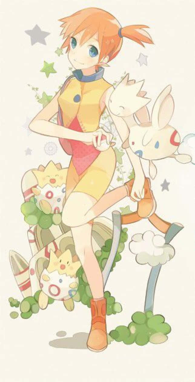 橙色頭髮藍色眼睛的動漫女孩，與兩隻寵物小精靈同伴站在星星和綠意之中。
