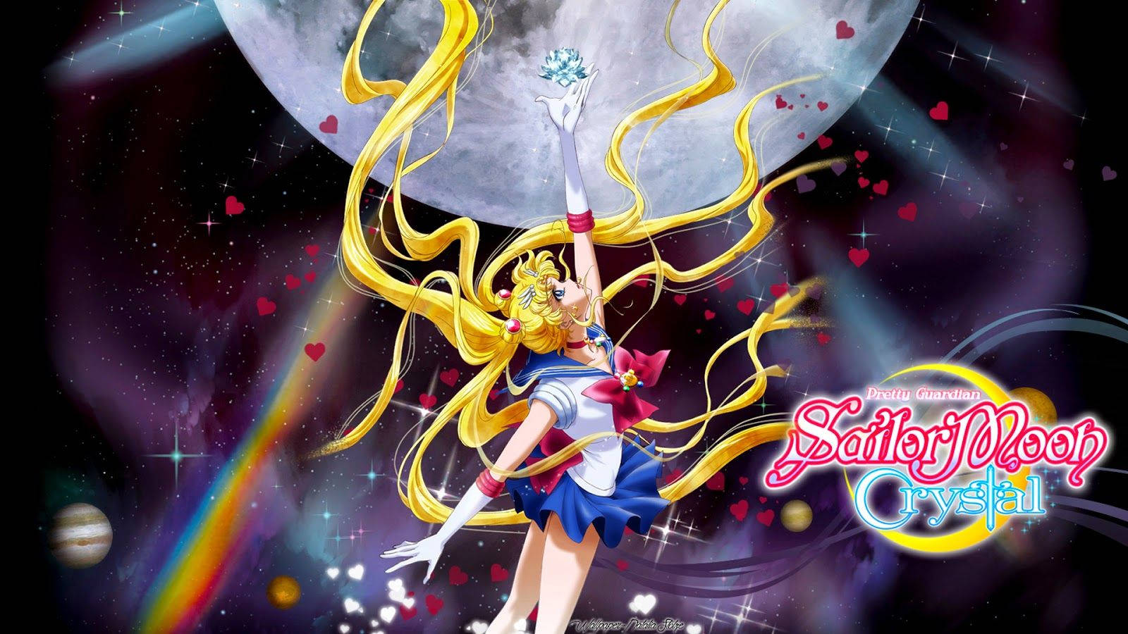 美少女戰士在太空拿著水晶，周圍有心形和星星。
