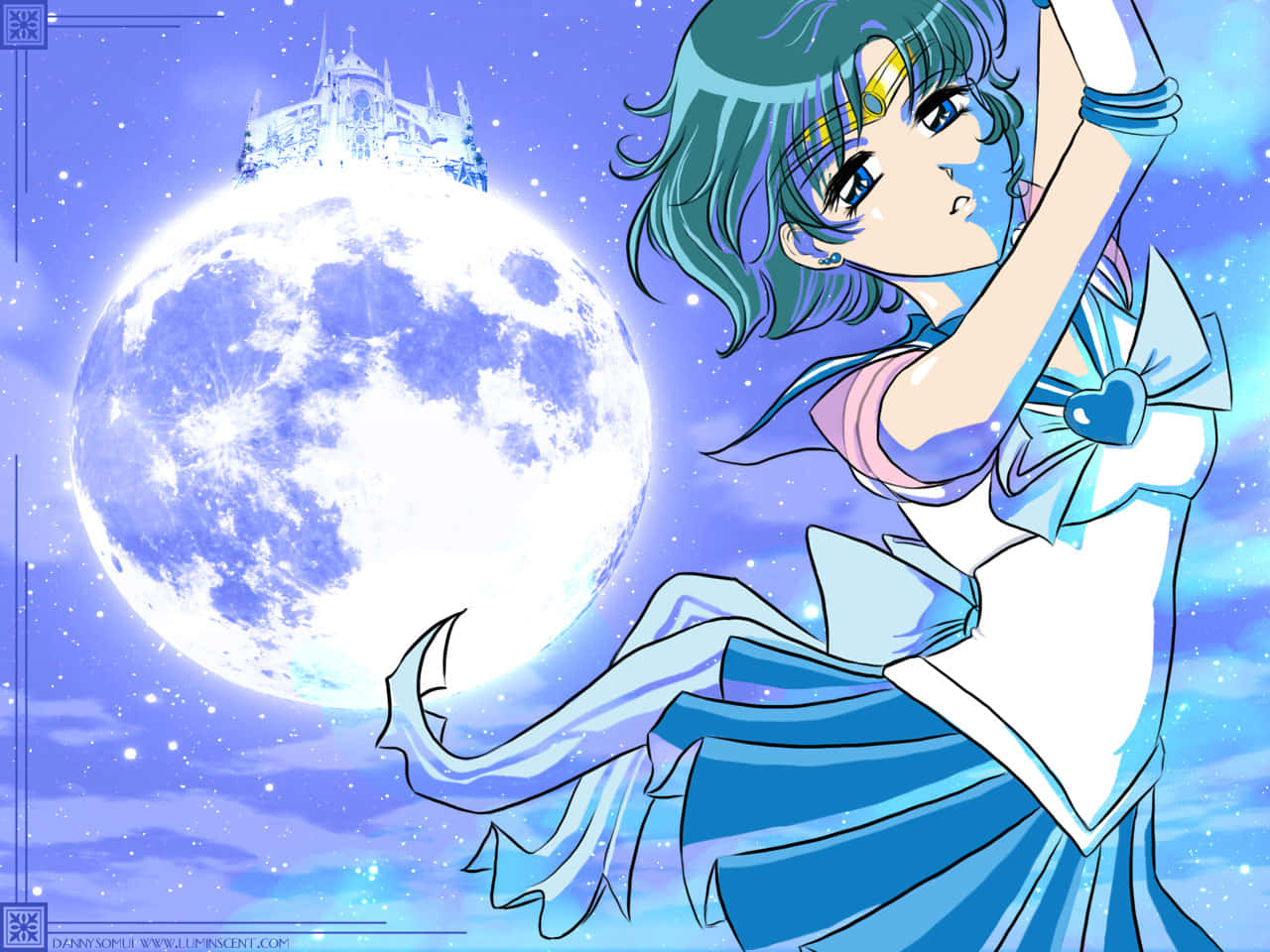 水兵水星月光下跳舞 壁紙 — 穿著藍色水手服嘅動漫女仔喺巨大月亮前面優雅地擺姿勢，上面仲有座城堡漂浮緊。