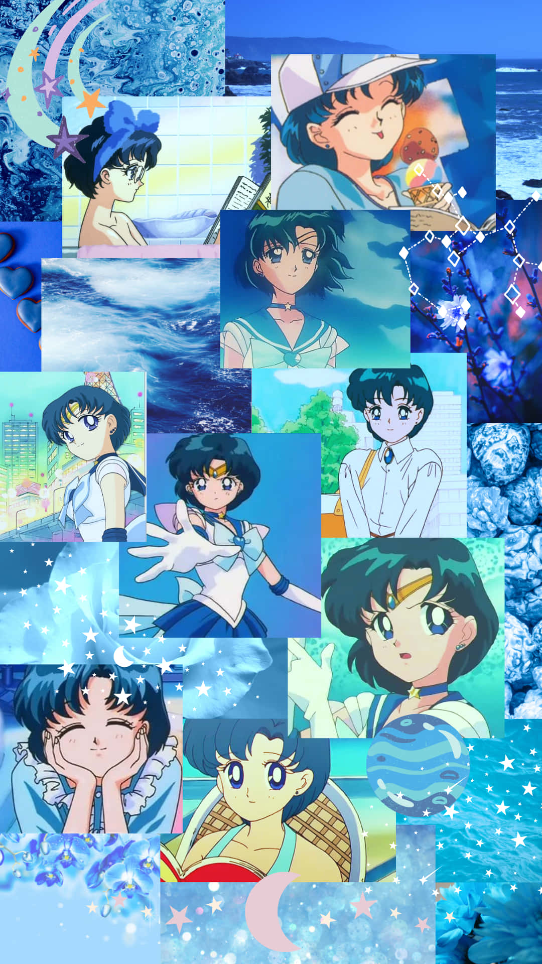 美少女戰士動漫拼貼畫，帶有藍色宇宙背景和星星圖案。