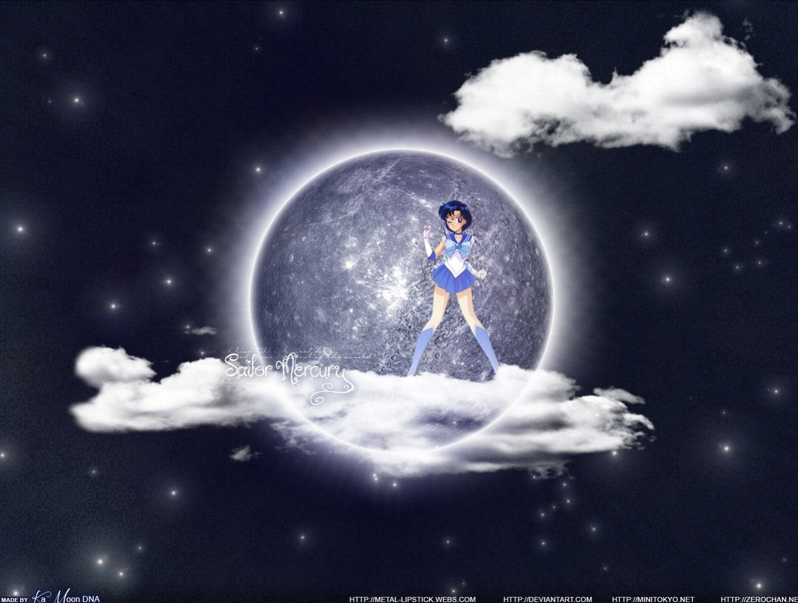 Sailor Mercury 站在繁星夜空中有雲朵的發光月亮上。
