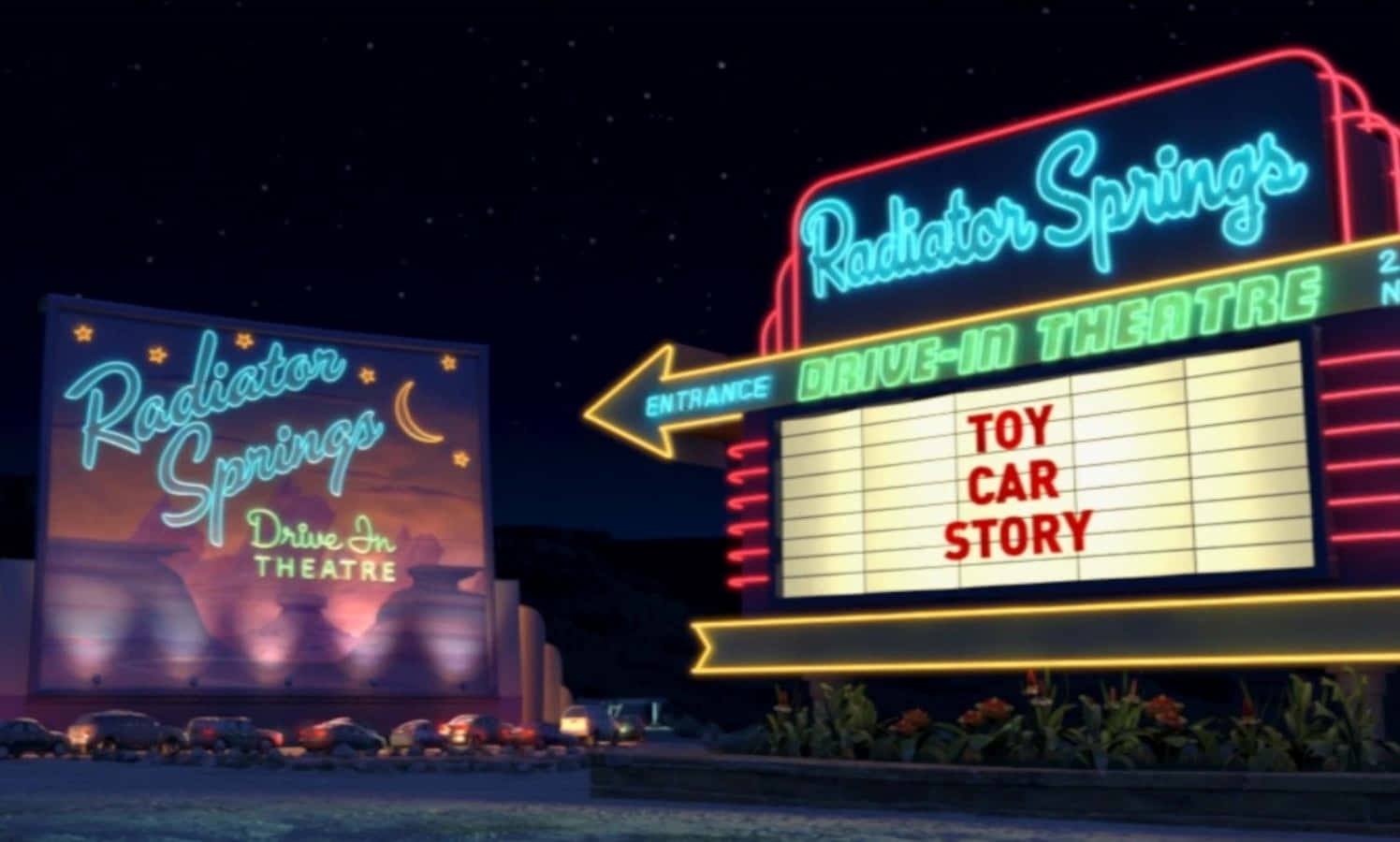 Radiator Springs汽車影院在星空下放映Toy Car Story。