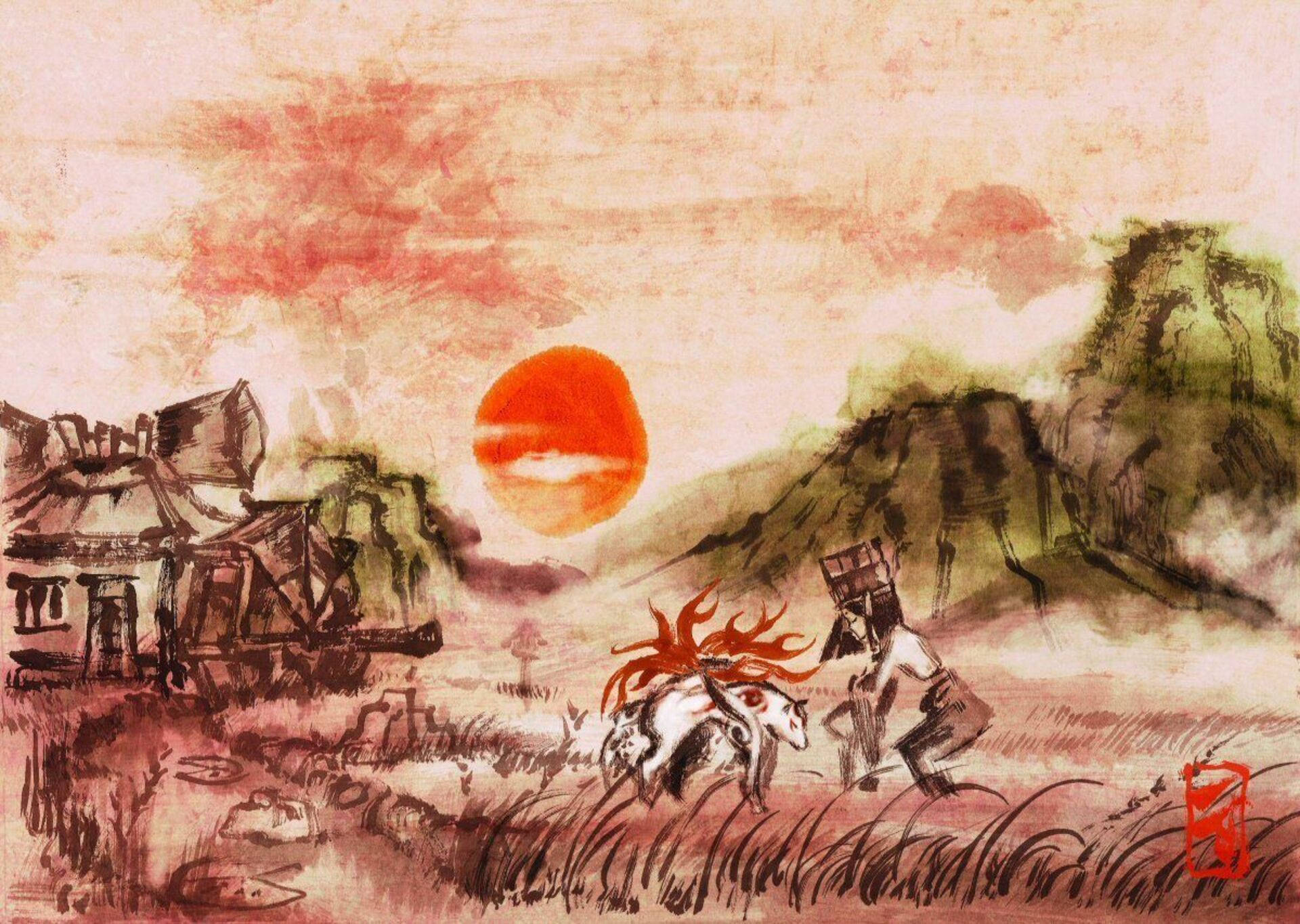 旅人與火紅毛色的馬在日落時分走向村莊。