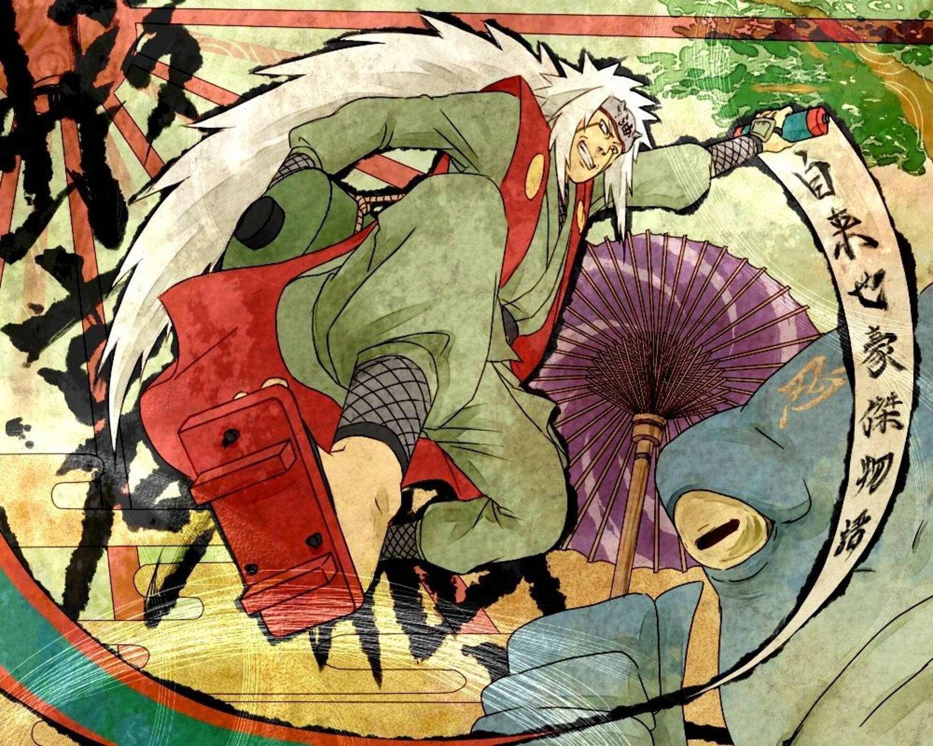 白髮紅甲的動漫戰士手持紫色扇子跳躍。