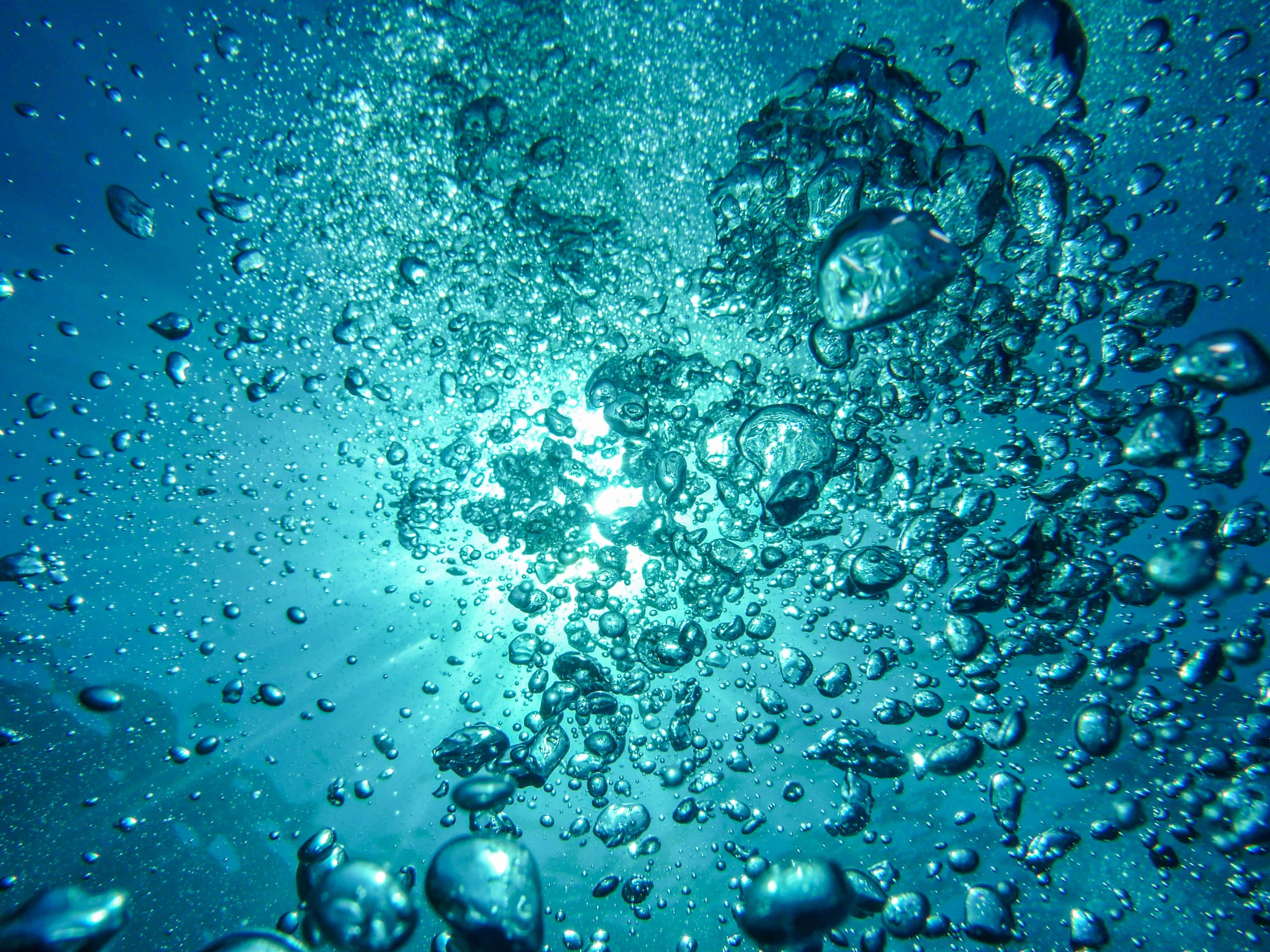 水岸旁的快樂時光 壁紙 — 水下視角，無數閃爍的氣泡在鮮豔的碧綠海水中向明亮的陽光照射的水面上升。