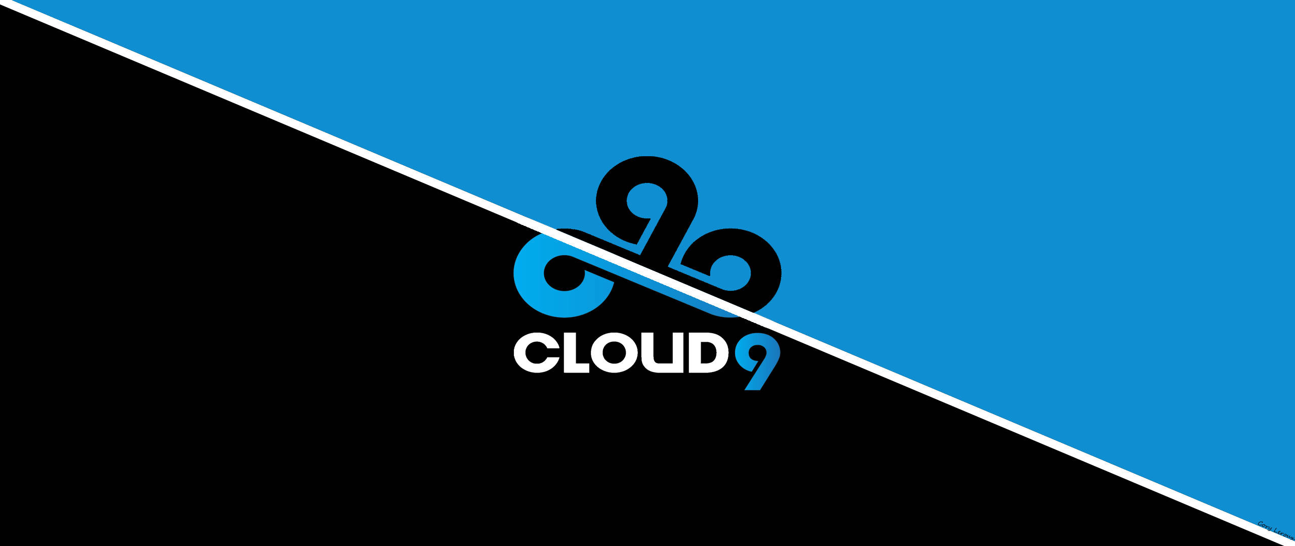 水平切割 Cloud9 標誌 壁紙 — 大膽的對角線分割將鮮豔的藍色一半與鮮明的黑色一半分開，Cloud9 標誌居中於交點。