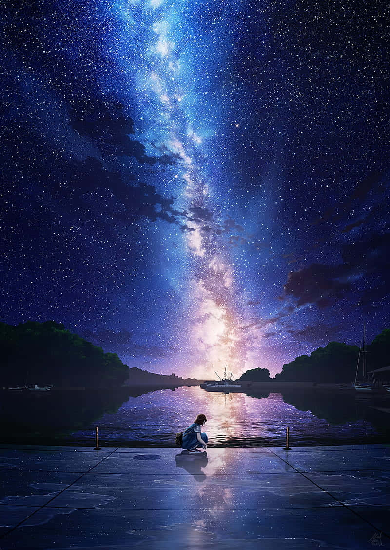 一個人在星空下的碼頭上跪下，水中倒映著銀河。