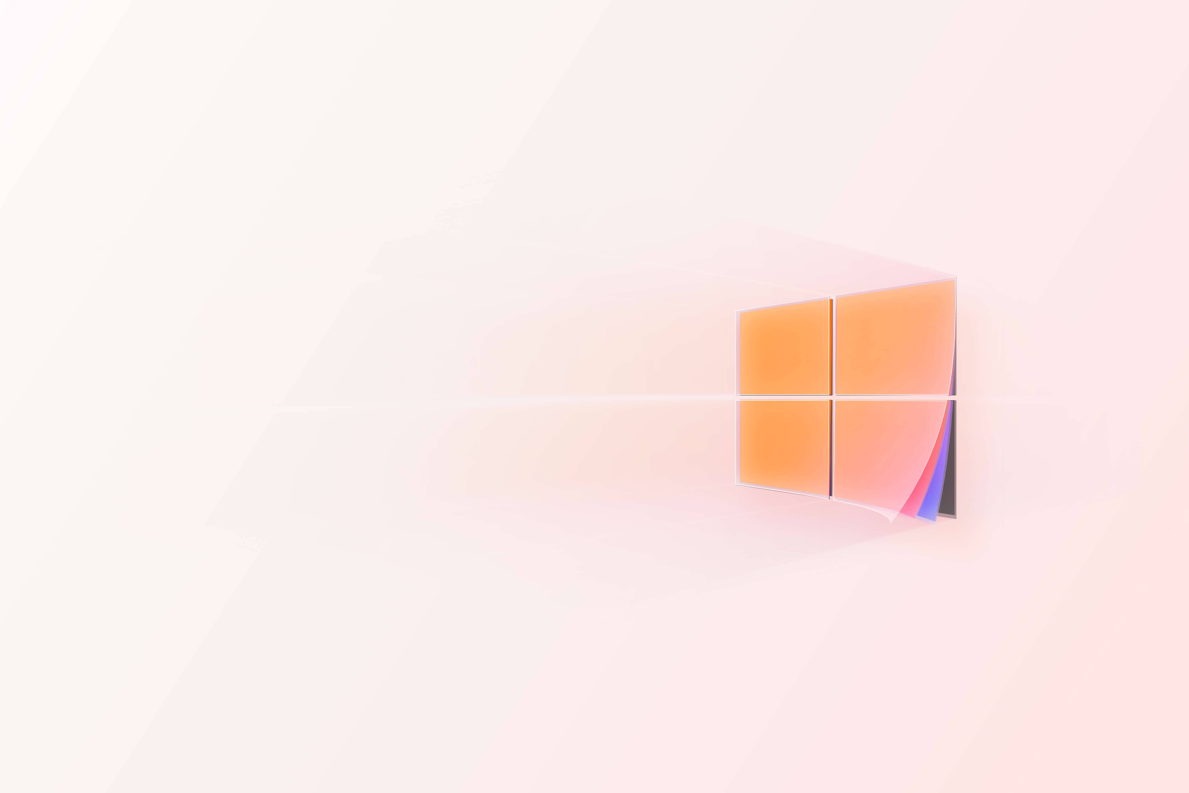 水彩 Windows 10 高清 壁紙 — 一個極簡的Windows標誌，帶有漸變橙色和紫色面板，漂浮在柔和的粉紅色和白色抽象背景上。