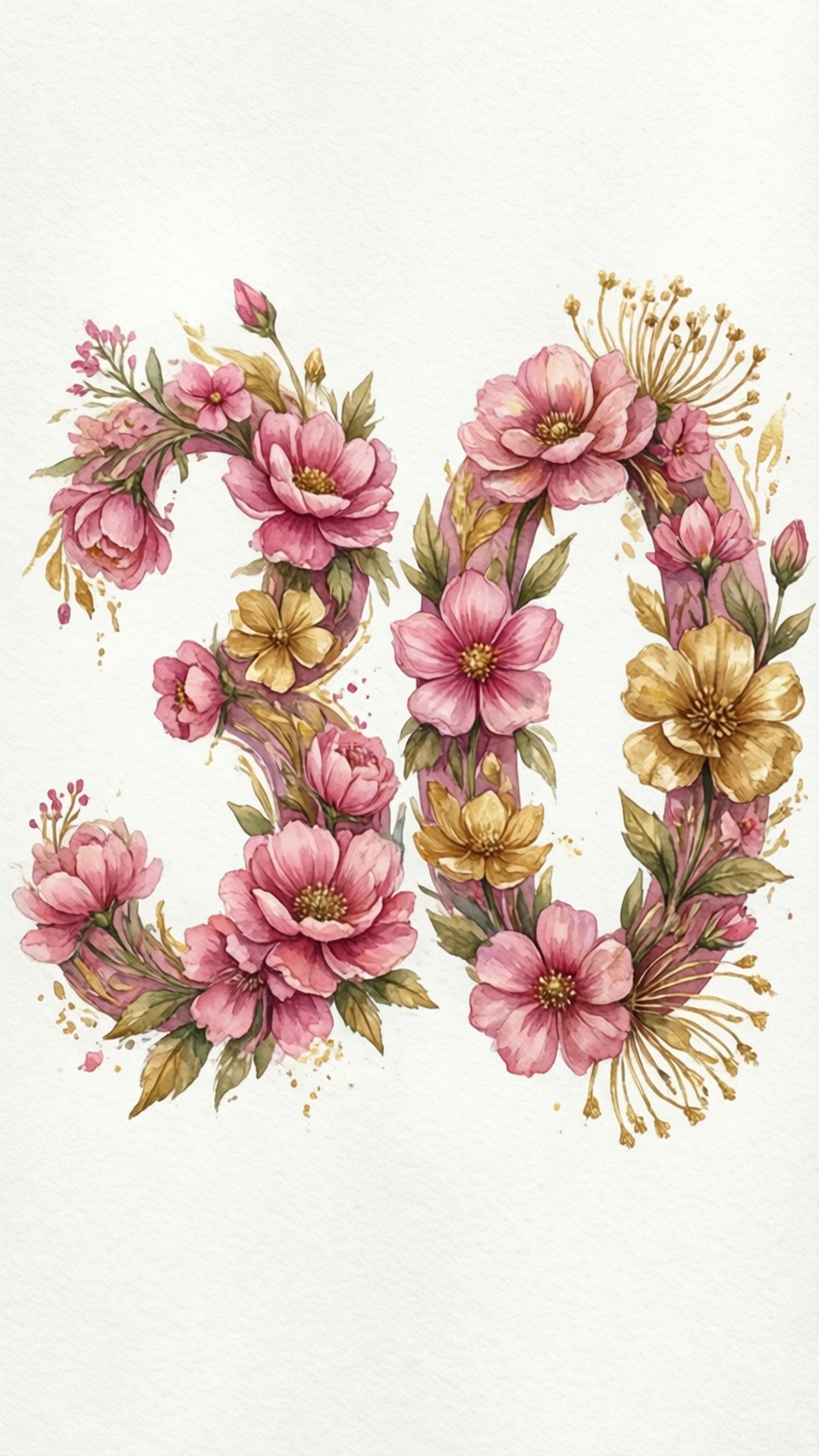 水彩30花卉 壁紙 — 數字30以粉紅色和金色的花朵以及綠葉在帶有紋理的白色紙上藝術地形成。